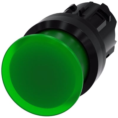 Siemens 22mm oplyst paddetrykknap i grøn, rund form med 30mm diameter og kortvarig funktion.