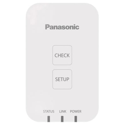 Panasonics trådløse LAN-modul CZ-TACG1 set forfra med CHECK- og SETUP-knapper samt statusindikatorer.