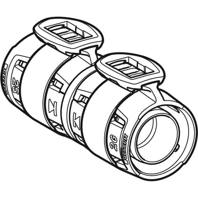 Teknisk tegning af Geberit FlowFit overgang til Mepla, med angivelse af dimensioner og press-ender.
