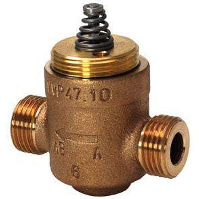 Siemens VVP47.20-4 2-vejs ventil med udvendigt gevind i messing, PN16 og DN20, vist på hvid baggrund.