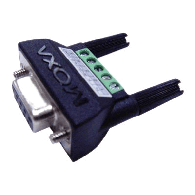 Moxa Mini DB9F-to-TB-adapter med DB9-hunstik og grøn klemrække, set skråt forfra.