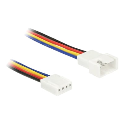 Delock-forlængerkabel til PWM-blæser med 4-pin-stik i begge ender og synlige ledninger i flere farver, 50 cm.