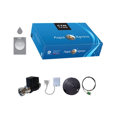 Samlet pakke til vandstop fra CTM Lyng med Aqua Xpress, inklusive magnetventil, sender og fugtsensor.
