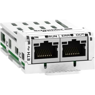 Schneider Electric EtherCAT daisy chain modul til Altivar frekvensomformere med to RJ45-stik for nem netværksintegration.