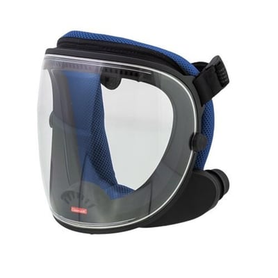 CleanAIR UniMask TR1 helmaske i one size med blåt stof og klart visir, godkendt til EN 12941 TH3.