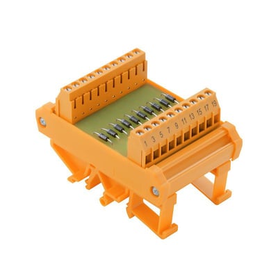 Weidmüller interfacemodul med dioder i orange hus, set skråt ovenfra med dioder og nummererede tilslutninger synlige.
