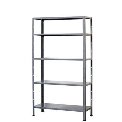 Ironside værkstedsreol med fem galvaniserede hylder, vist samlet set skråt forfra, i formatet 2 x 1 x 0,4 meter.