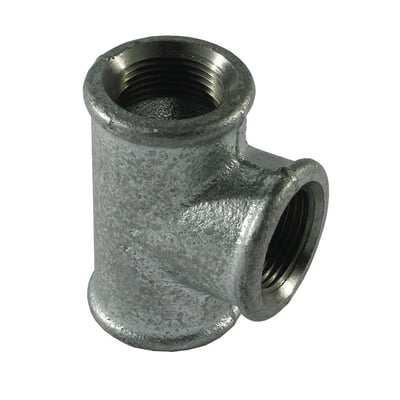 Unico tee 3/8" galvaniseret med tre muffegevind, fremstillet i blødstøbt jern efter ISO 49 standarden.