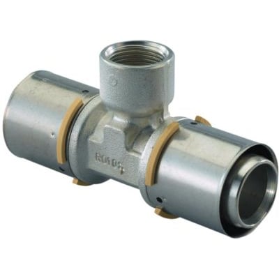 Uponor MLC press T-stykke 40 x 1/2" x 40mm vist med gule og lysebrune markeringer på afgreningsmuffen.