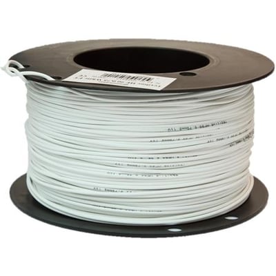 Hvid Texiline TW monteringsledning på en sort kabeltromle med mærkning og 0,75 mm² tykkelse.