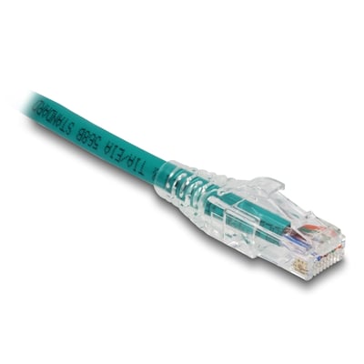 Delock RJ45 Crimp+Cut-værktøjssæt vist med et gennemsigtigt RJ45-stik monteret på et grønt netværkskabel.