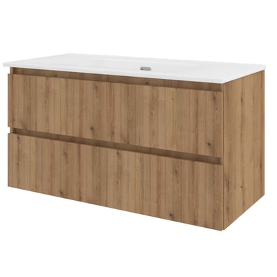 Sanibell Proline møbelsæt, 101 cm bredt, med to skuffer i urban eg og hvid porcelænsvask uden hanehul.