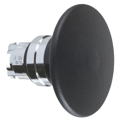 Schneider Electric Harmony XB4 paddetrykhoved Ø60 mm sort med kromdetaljer og tryk-drej funktion på hvid baggrund.