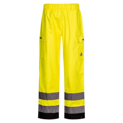 Gule og sorte regnbukser Lyngsøe Rainwear FOX6052 i størrelse XS med cargolommer og refleksbånd ved benene.