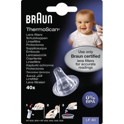 Braun ThermoScan linsefiltre pakke til termometer med 40 stk. og et billede af et glad barn på forsiden.