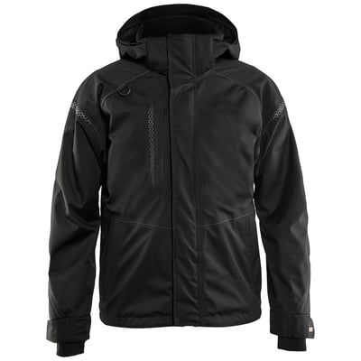 Blåkläder Workwear sort skaljakke i størrelse M set forfra, med synlig brystlomme med lynlås og hætte.