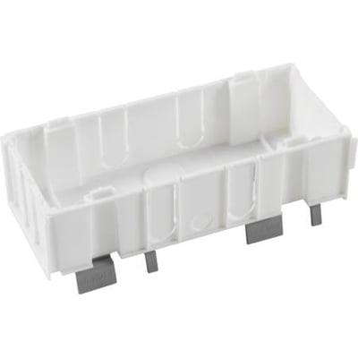 Bagfra af Hager OPUS tredobbelt kanaldåse SO3-BRN med grå fod, der viser monteringselementer og indre rum.