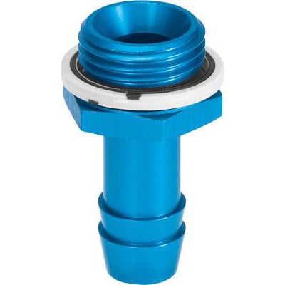 Blå Festo slangenippel N-1/2-P-13 med gevind og tætningsring, nominelt 11 mm, med konisk slangeudgang.