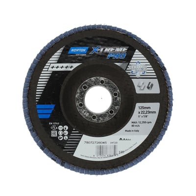 Norton X-TREME Pro lamelskive med skrå kanter, 125x22mm, korn 120, fremstillet i Italien.