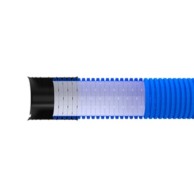 Snit af Evodrain PE-drænrør i blå, som viser den indvendige glatte overflade og de præcise slidsåbninger på 1,2 x 10,11 mm.