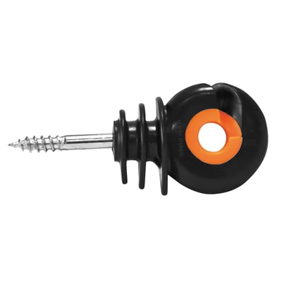 Gallagher XDI-ringisolator med integreret skrue, sort med orange ring og ribber til fastgørelse.