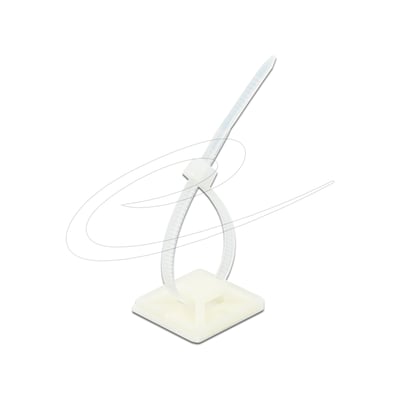 Hvid DeLock-kabelbinderholder på 30 x 30 mm med lang kabelbinder, set skråt forfra.
