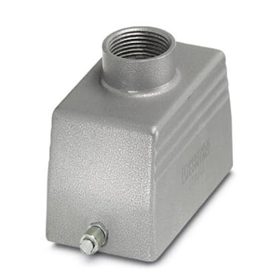 Nærbillede af Phoenix Contact stikhus, der viser den grå aluminiumsoverflade, M25 gevind og en enkelt forskruningslås.