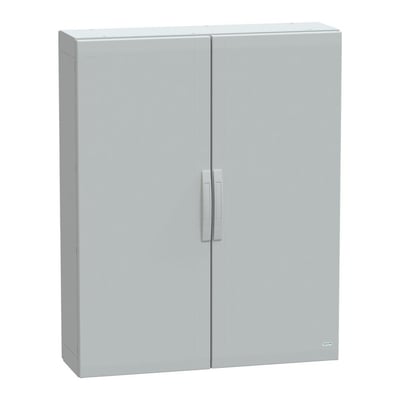 Lukket Schneider Electric polyester gulvskab med dobbeltdør og integrerede håndtag på neutral baggrund.