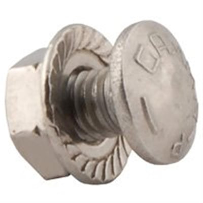 Nærbillede af Legrand M6x10 mm skruesæt i rustfri stål (A4) samlet med møtrik og ribbet flange.