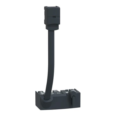Schneider Electric LU2B klemmeblok til TeSys U motorstarter i mørkegrå, vist med den foldbare arm rejst og et isoleret perspektiv.