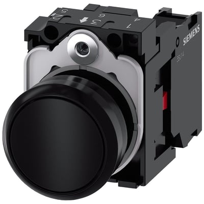 Siemens 22mm rund trykknap med sort plastknap og 1 NC skrueklemme. En del af SIRIUS ACT serien.