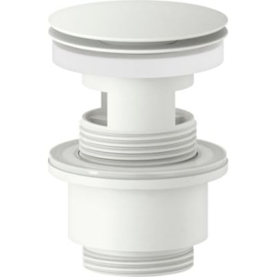 Mora Push Down bundventil med overløb i mat hvid, Ø63 mm diameter og 39 mm dybde, vist på hvid baggrund.