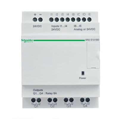 Schneider Electric Zelio SR2 E121BD intelligent relæ med 8 indgange og 4 udgange, 24VDC forsyning og mærkat.