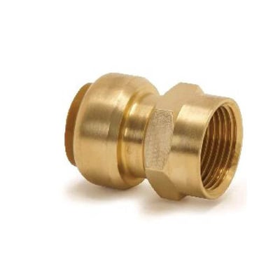 VSH Tectite overgang i messing med muffe/muffe tilslutning, 18 mm x 3/4", på hvid baggrund.