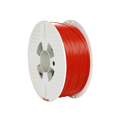 Verbatim 3D printer filament af PET-G i rød farve på en hvid spole, 1.75mm diameter og 1kg vægt.