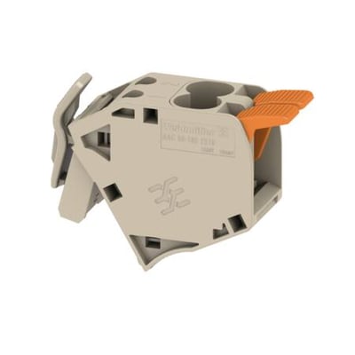 Weidmüller hjælpeforbindelse til terminaler med 10 mm² og 2 forbindelser, set skråt med orange betjeningsgreb.