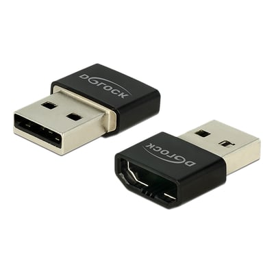 DeLOCK adapter fra HDMI hun til USB Type A han i sort plast med synlige logoer og metalstik.