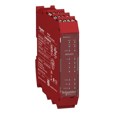 Detaljeret frontbillede af Schneider Electric Modicon XPSMCM udvidelsesmodul, der viser tekniske specifikationer og certificeringer som TUV og RCM.