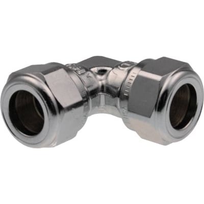 VSH kompressionsvinkel i forkromet messing til 15 mm rør med muffe/muffe tilslutning, ideel til varme- og køleinstallationer.