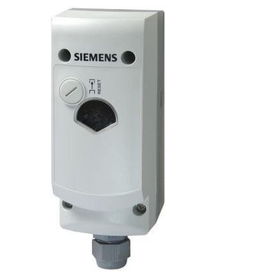 Siemens RAK-TB.1420S-M overkogstermostat med et justerbart setpunkt på 65-80°C og et reset-knap på hvid baggrund.