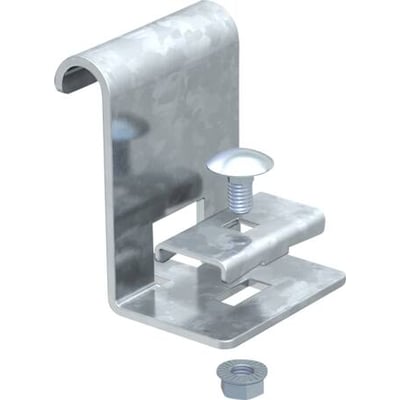 OBO Bettermann afgreningsklemme i stål med Sendzimir finish, 60 mm bred, inkluderer bolt og møtrik til kabelstiger.