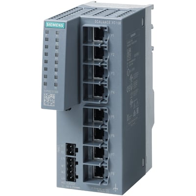 Siemens SCALANCE XC108 unmanaged Industrial Ethernet switch med otte 10/100 Mbit/s RJ45 porte og LED-diagnostik.