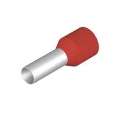 Weidmüller isoleret terminalrør i rød farve, med konisk kabelindgang og 10mm² størrelse, fremstillet af polypropylen og kobber.