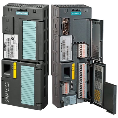 Siemens Sinamics G120 styremodul CU240E-2 vist fra to vinkler, med åbent frontpanel, der viser tilslutningsmuligheder og RS485-interface.