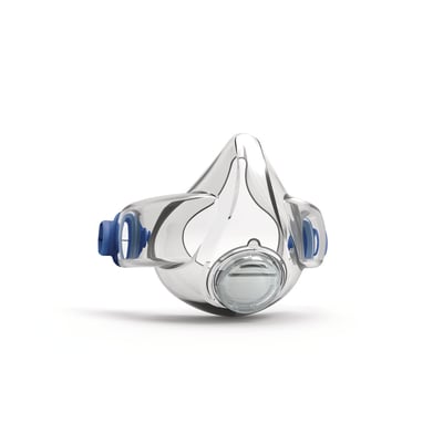 Nærbillede af Cleanspace TECHNOLOGY halvmaske WORK medium, der viser det gennemsigtige design og de blå ventiler med blå detaljer.