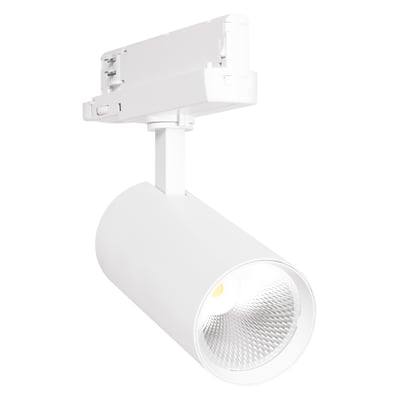 Hvidt Ledvance Tracklight Spot XR-skinnespot med cylindrisk lampehoved og synlig reflektor, 30 W og 24° spredningsvinkel.
