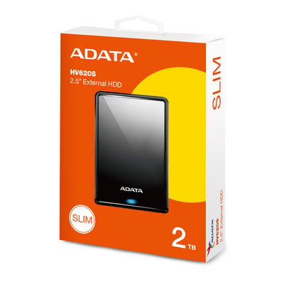 Emballagen til Adata HV620S Slim ekstern harddisk viser den sorte 2 TB harddisk på en orange æske.