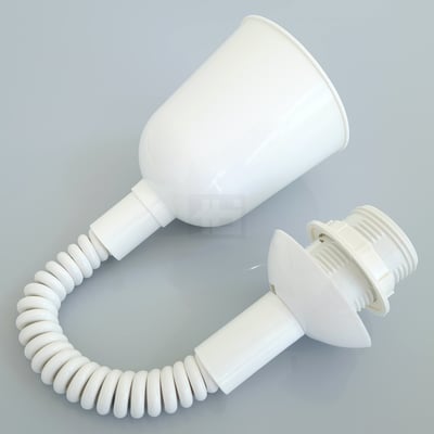 Lauritz Knudsen spiralhejs i hvid plast til ophæng af lampe med E27 fatning og 1,2 meter længde på grå baggrund.