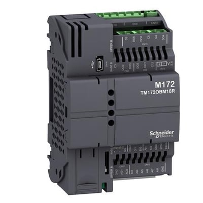 Schneider Electric M172 OPTI kontroller med 18 I/O, 1 CAN port og 2 RS485 porte, mørkegrå plast med grønne terminaler.