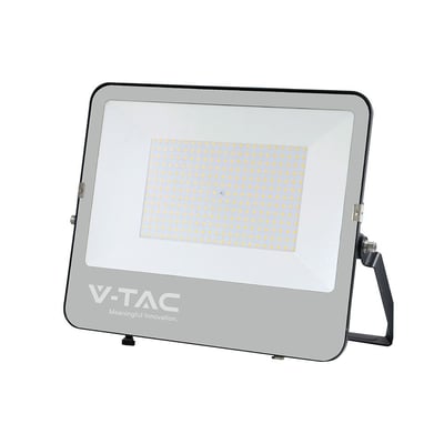 V-TAC 200W LED projektør i grå, isoleret og vist fra siden på en ren hvid baggrund.